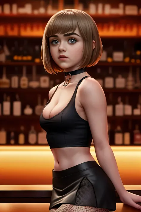 Maisie Williams, masterpiece quality, realistic, lots of detail, 1girl, solo, alone, (alone:1.9), in a fancy bar, short hair, wearing small black crop top, midriff, wearing black miniskirt, wearing choker collar, wearing fishnet stockings, thin body, small...