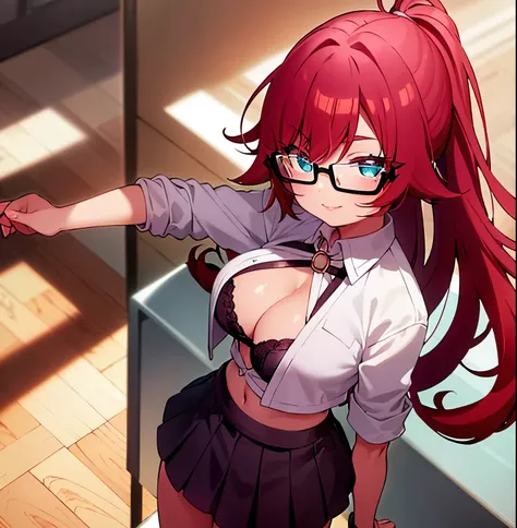 1girl, tan, long hair, red hair, ponytail, red glasses, turquoise eyes, mole on chest, white shirt, open shirt, purple bra, seductive, smiling, closed mouth, makeup, tight black skirt, short skirt, heels black, large breasts, medium waist, wide hips, wide ...