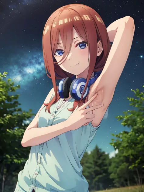 high quality, closed mouth, solo, upper body, night sky, forest, arms behind head, contrapposto, expressionless, spread armpits, small smile, miku nakano, cardigan, headphones around neck, looking at viewer, smile