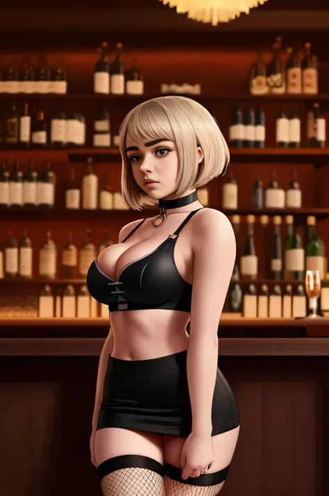 Maisie Williams, masterpiece quality, realistic, lots of detail, 1girl, solo, alone, (alone:1.9), in a fancy bar, short hair, wearing small black crop top, midriff, wearing black miniskirt, wearing choker collar, wearing fishnet stockings, thin body, avera...