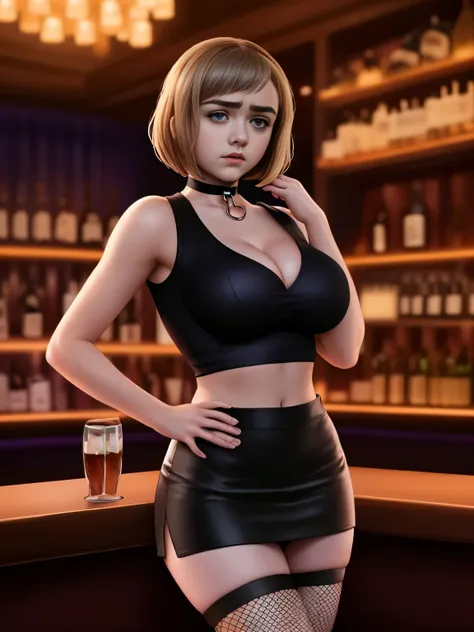 Maisie Williams, masterpiece quality, realistic, lots of detail, 1girl, solo, alone, (alone:1.9), in a fancy bar, short hair, wearing small black crop top, midriff, wearing black miniskirt, wearing choker collar, wearing fishnet stockings, thin body, avera...