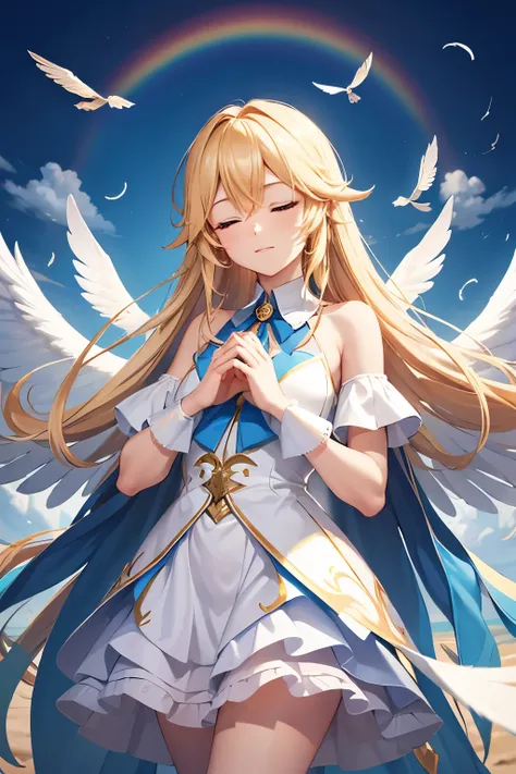 seraph raphael,long hairstyles,blonde,eyes closed,join hands,big rainbow,blue sky,feathers are fluttering