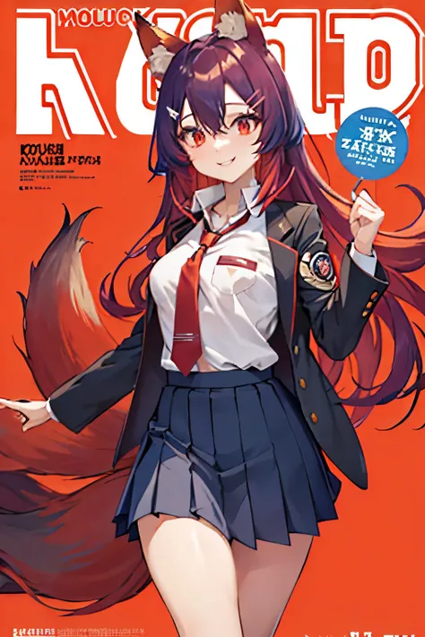 Firefox-Skollie, red eyes, fox girl, multiple tails, multicolored hair, 1girl, hairclip, solo, light smile, small breasts, looking at viewer, 
school uniform, pleated skirt, necktie, open jacket, magazine cover, simple background, 
(masterpiece:1.1), (best...