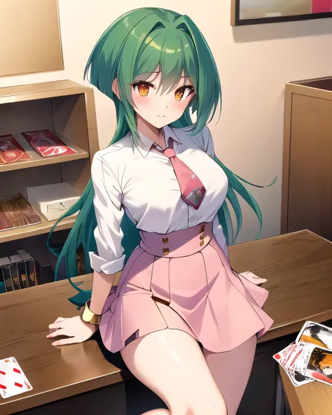 best quality, masterpiece, highres, detailed, perfect anatomy,  TokohaV,  pink skirt, white shirt, tie, card shop, orange eyes, green hair,  playing cards, playing yugioh,  high-waist skirt,