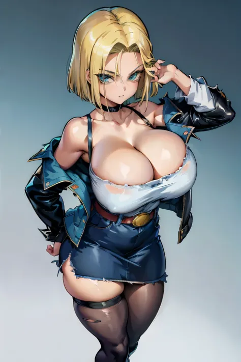 Tetas: Uncensored, curvy, waifu, torn clothes, 1girl, android 18, breasts, torn shirt, torn legwear, blonde hair, skirt, jacket, torn sleeves, clothing cutout, rating:safe, solo, denim, cleavage, denim skirt, belt, shirt, long sleeves, bare shoulders, blue...