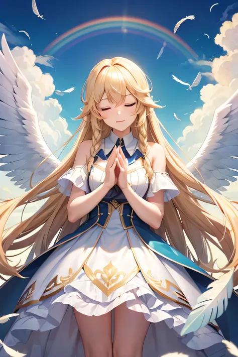 seraph raphael,long hairstyles,blonde,close your eyes,hold hands,big rainbow,blue sky,fluttering feathers