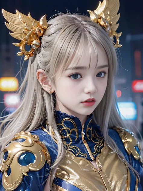 highest quality、masterpiece、超A high resolution、(Photoreal:1.4)、RAW photo、Detailed CG image quality、cyber punk、beautiful feces、1 girl、(silver hair), (gold hair ornament:1.4)、(angel costume:1.4)、cleavage、(Pure White Syntex Suit)、(sky blue eyes:1.2), (shining...