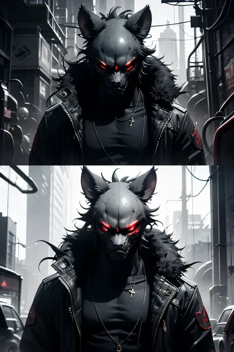 digital drawing of anthropologymorphic hyena male drawn in cell shaded, ferson, furry fandom, cyberpunk setting neon rain, anthr...