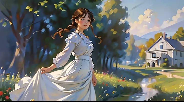 ((Sargent style watercompressionist style painting、Renoir style、(highest quality、masterpiece)、soft light、view of the cotswolds,old farmhouse、stream、flowers bloom、one woman、dark brown hair、braided hair、White blouse and long skirt、picnic、Standing on a hill、b...