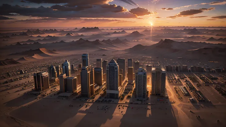 Crea una imagen de una ciudad futurista en el desierto, with flying vehicles, muchos letreros luminosos, Large buildings defying gravity under a beautiful cloud-filled sunset.