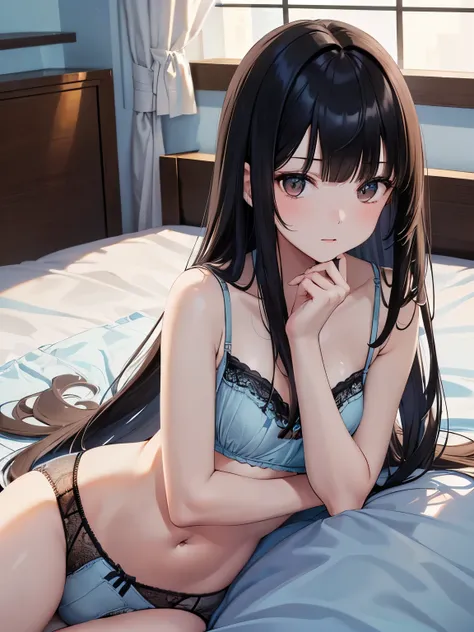 best quality, highres,Slender、brown eyes、tall、black hair、(bangs bangs:1.5)long hair,straight hair、Hotel、dark room、lying on the bed、19 years old、(light blue underwear:1.5)
