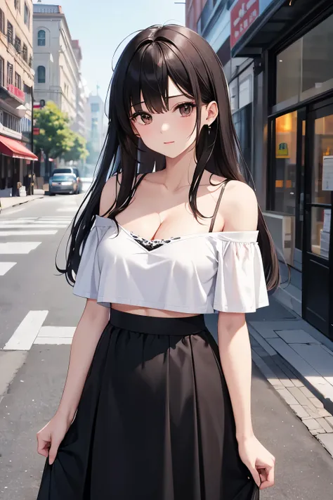 best quality, highres,1 woman,Slender、small face、brown eyes、tall、In town、black hair BREAK、long hair、(white short sleeve t-shirt:1.4 BREAK)、(black skirt:1.2)、(beautiful woman:1.5)、25 years old、Mature、midriff peek,(off-the-shoulder:1.3)、(I can see the cleava...