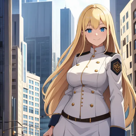 a woman in white military clothing, in a city at day, long blonde hair, blue eyes, smiling
