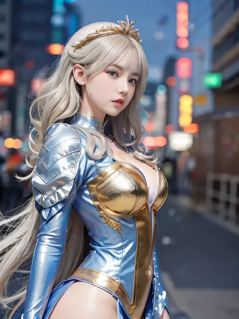 highest quality、masterpiece、超A high resolution、(Photoreal:1.4)、RAW photo、Detailed CG image quality、cyber punk、beautiful feces、1 girl、(silver hair), (gold hair ornament:1.4)、(Snow White Angel Costume:1.4)、cleavage、(Pure White Syntex Suit)、(sky blue eyes:1.2...