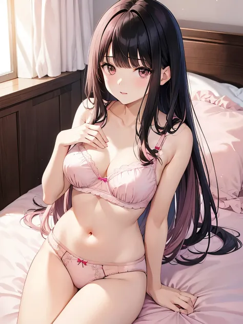 best quality, highres,Slender、brown eyes、tall、black hair、(bangs bangs:1.5)long hair,straight hair、Hotel、dark room、lying on the bed、19 years old、(light pink underwear:1.5)、(Female college student:1.3)