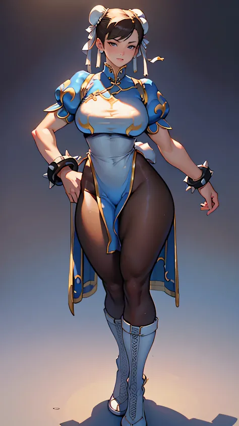 (masterpiece, best quality, realistically, Work, super detailed, 8k),chun li, Lie in one，blue, Brown tights, beautiful eyes, exquisite eyes , front standing posture ，facing the audience，full body portrait，gray background