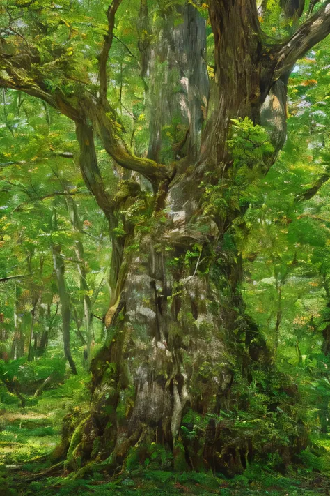 Close-up of forest trees with benches, ねじれたold tree, Twisted trunk, moss-covered trunk, Merging with trees in the forest, old tree, huge and spacious trunk, huge tree, virgin forest, There&#39;s a tree growing on my body, Ancient oak forest, old trees, Anc...