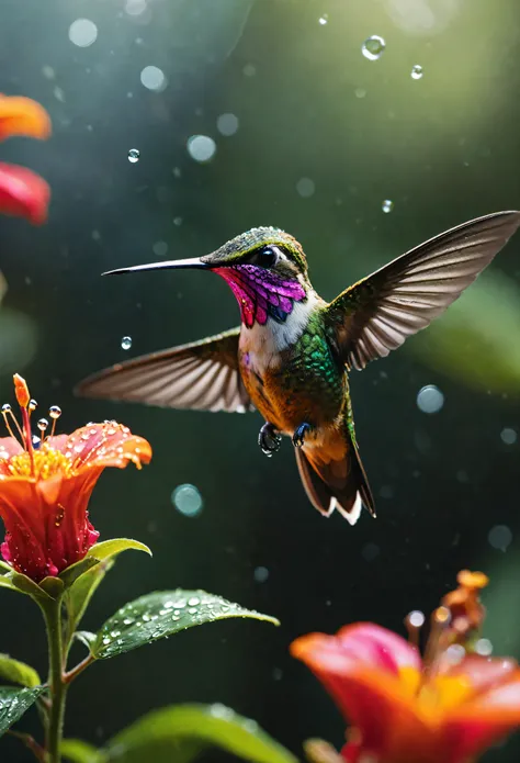 ((Masterpiece in maximum 16K resolution):1.6),((soft_color_photograpy:)1.5), ((Ultra-Detailed):1.4),((Movie-like still images and dynamic angles):1.3), ((motion blur):1.2) | (Macro shot cinematic photo of a Exotic Hummingbird at a flower), (hummingbird wri...