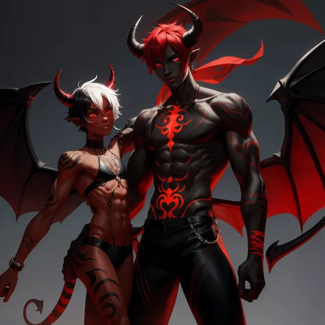 By bebebebebe, by spuydjeks, by buta99, by spikedmauler. a skinny athletic male incubus with ebony black skin and red glowing tribal markings all over his body, has demon wings and curled demon horns