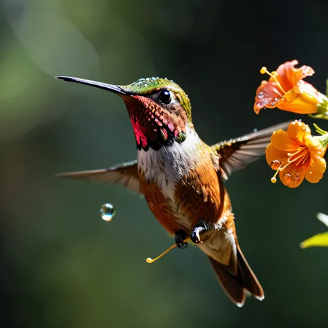 ((Masterpiece in maximum 16K resolution):1.6),((soft_color_photograpy:)1.5), ((Ultra-Detailed):1.4),((Movie-like still images and dynamic angles):1.3),| (Macro shot cinematic photo of a Rufous Hummingbird at a flower), (macro lens), (pollen), (dewdrops), (...