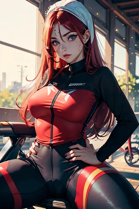 sit down and spread your legs、Emphasis on the crotch、actual、Super high chroma、8k、Long red hair(((30 year old woman)))、((((She is wearing a black aerodynamic cycling jersey。))))、cyclist、bike shorts、big breasts、Thick thighs、Pay attention to muscle developmen...