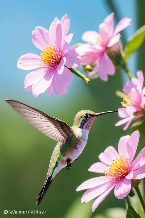 there is a hummingbird that is flying towards a flower, hummingbird, hummingbirds, eat snack, beautiful nature, beautiful angle, beautiful details, by Jim Nelson, Beautiful and elegant, nice photos, wander, picking up a flower, spring morning, Perfect deta...