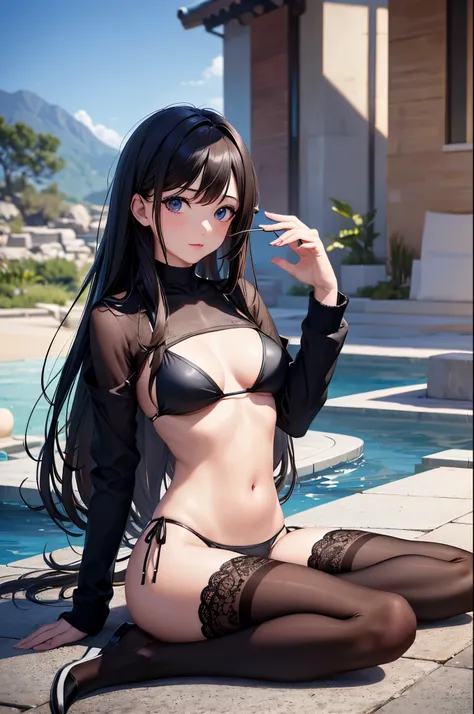 (masterpiece),4k, (ultra realistic), (best quality), (high detailed face),sexy, 1girl, a beautiful girl near the river, slim, long legs, (bikini), (flat chested), (black stocking), (front view), (ultra detailed body), (ultra detailed hair), (high detailed ...