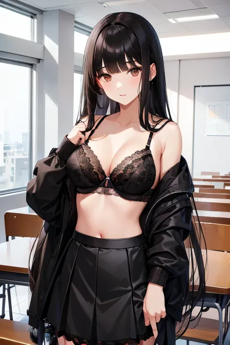 best quality, highres,Slender、brown eyes、tall、black hair、(bangs bangs:1.5)、long hair,straight hair、classroom、19 years old、(black lace bra:1.5)、(black skirt:1.3)、 8 heads tall
