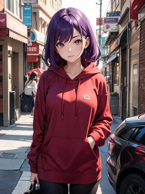 A mature girl, purple hair, wearing red hoodie