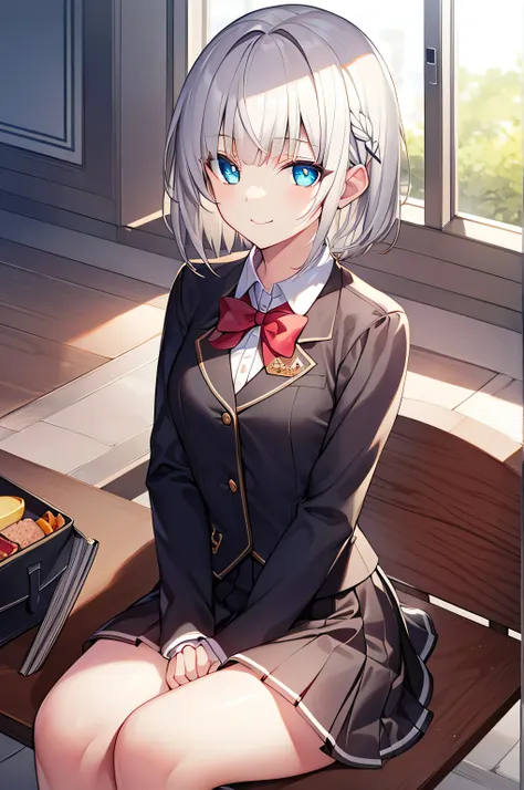 detectivelunch break, Smile, short hair, Bangs, blue eyes, shirt, hair accessories, long sleeves, skirt, bow, white hair, hairpin, blunt Bangs, bowtie, red bow, x hair accessories, red bowtie, lunch break, (medium chest:1.2), rest looking at viewer, rest o...