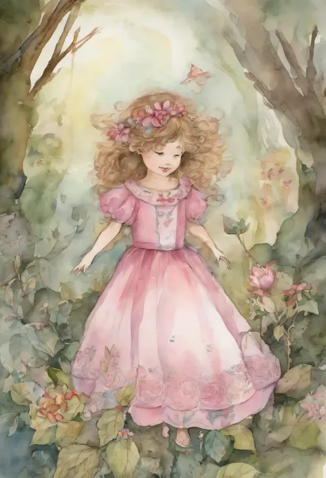 aquarela, comic, baby girl camponese, vestido rosa xadrez,  desenho jardim