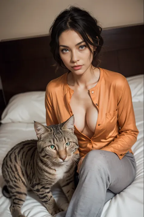 beautiful 31 year old european woman waking up in her bed, orange cat pajamas, bust 20, blue eyes. next to her is a tender gray ...