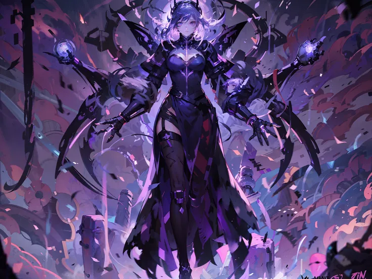 Female android, made of visible and futuristic robotic parts, with arms open, dark and purple in color, wears a dark coat like night, focus on the bust, purple and pointed hair, large wings made of metal and hands, painting, anime , midjourney, melancolic