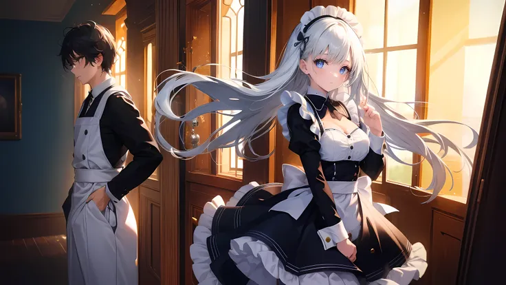 (((3a person girl and guy１a person))), maid outfit, (half body:0.7)