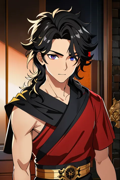 (high-quality, breathtaking),(expressive eyes, perfect face) wavy hair, messy hair, black hair color, narrow eyes, masculine face, detailed eyes, red color eyes, black hair color
