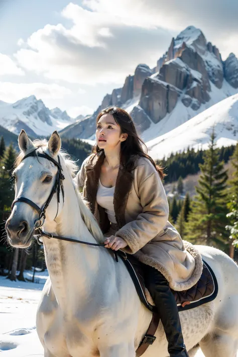 ((best quality)), ((masterpiece)), (detailed), perfect face，A beautiful woman wearing fur clothing，riding a white horse，Immediately rise high on the hill，Mighty image，Snowy mountains in the background，low angle photography，whole body composition，High quali...