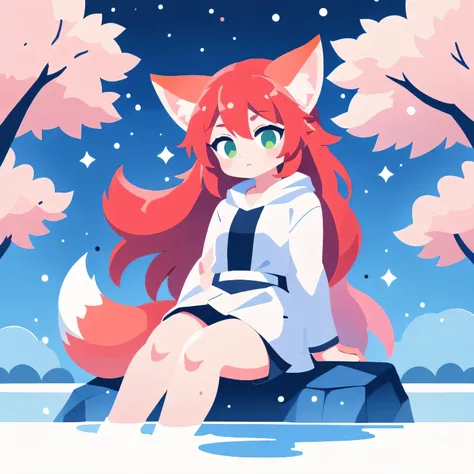 1girl, solo, red hair, green eyes, white clothes, adult, fox ears, fox tail, light skin, (sakura on background),  fullbody, sitting around the lake