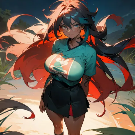 1female, adult, big breast, dark skin, finely detailed teal eyes, long messy hair, two toned hair, black and red ombré hair color, loose open yukata, short skirt, glasses, standing with arms folded, standing on open trail, night, confident smile, village, ...