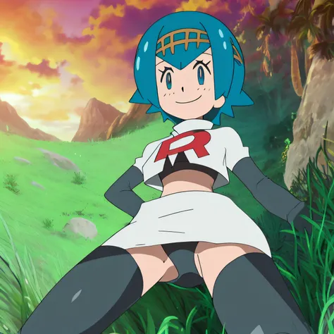 view of the valley, with grass, team rocket uniform, red letter r, white skirt,white crop top,black thigh-high boots, black elbow gloves, evil smile, looking down at viewer, hands on hips, spread legs, from below, black panties