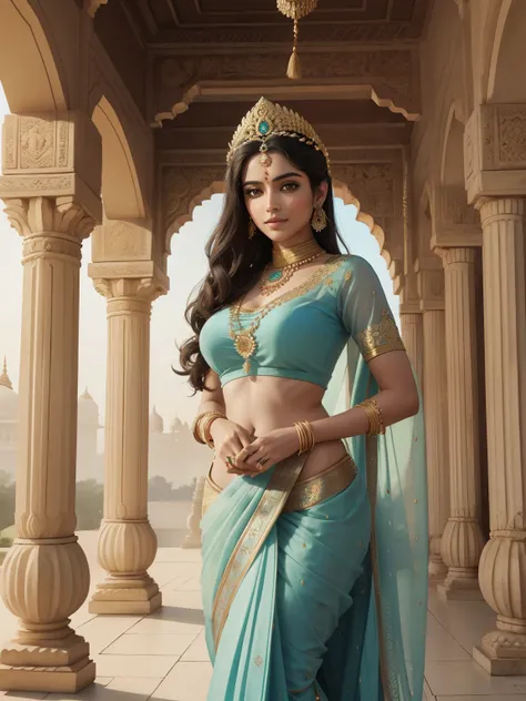 Vertical hyper-realistic, statuesque Indian princess holding a lotus flower inside a palace. Wearing a turquoise sari adorned with golden threads and traditional jewelry, the Princess smiles beautifully. The palace, painted white, features typical Indian a...