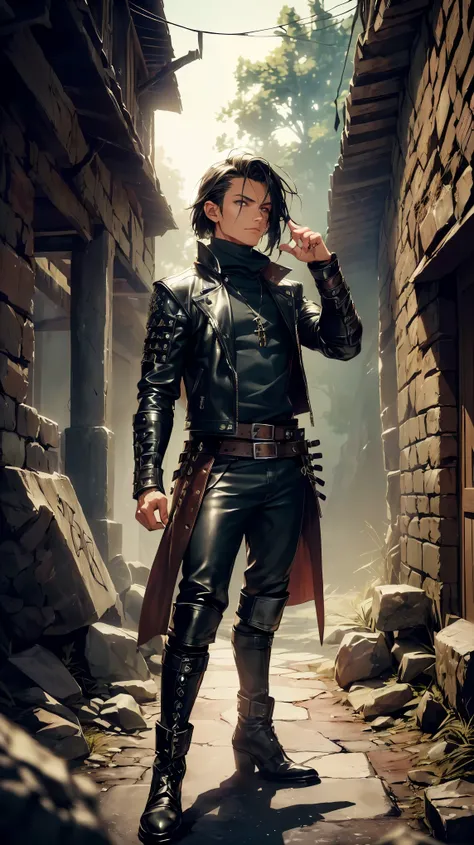 (8K, RAW photo, 最high quality, masterpiece:1.2), High-definition RAW color photo, Professional photo shoot, cinematic light, RPG design, dark fantasy graphics, Humanoid monsters, thiefの技術を極めた者, ((full body shot)), man in leather armor, (((dagger and leathe...