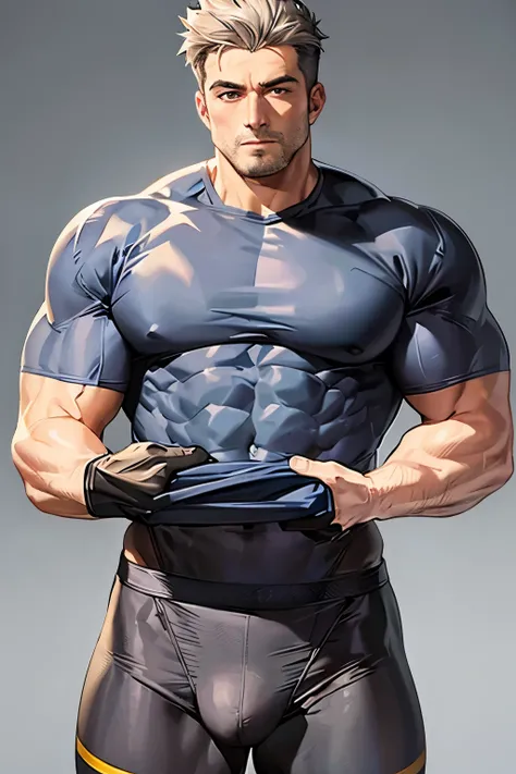 Muscular uncle with strong chest and gray transparent tights 