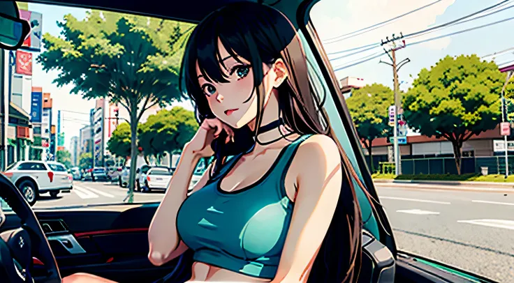 Anime girl sitting in car with hand on chin, Anime visuals of cute girls, Seductive Anime Girl, charming anime girls, anime styled, High quality anime art style, Beautiful anime girl, young anime girl, Anime Girl, Anime Girl with Long Hair, tight crop top,...