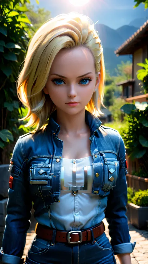 (Chiaroscuro,Ray Tracing)，absurdres, Potrait of beautiful Android18DB, solo, denim, belt, outdoors, volumetric lighting,  tonemapping, sharp focus