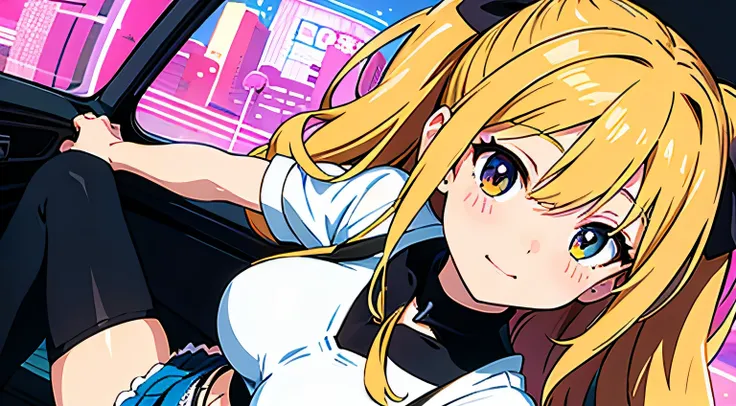 4K, A high resolution, Best quality at best, masterpiece, perfect colors, perfect shadow, perfect litthing, ((sportrait)), Anime girl sitting in car with hand on chin, Anime visuals of cute girls, Seductive Anime Girl, charming anime girls, anime styled, H...