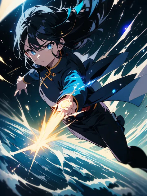 (((masterpiece、highest quality))),(emits a Kamehameha wave)16k,(1 young person,black hair,brave look), figure, Earth, Wind,space,、(Shining eyes),(chinese fighting uniform)、(Blue effect)、action、beautiful anime、Cool anime