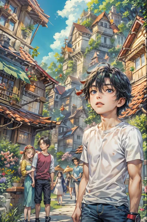 ((Best quality)), ((masterpiece)), (detailed), ((perfect face)), ((halfbody)) handsome face, male, teen boy,  perfect proportions , a character from anime fairy tail, male version , hiro mashima art, detailed ghibli town background, detailed ghibli scenery...