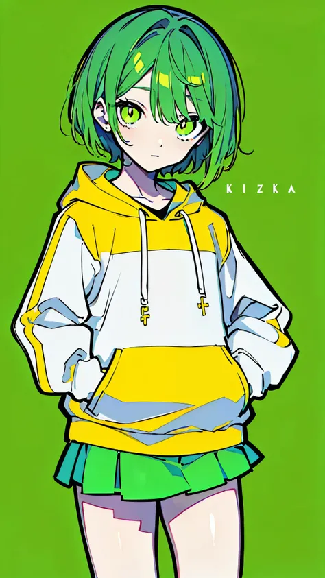 (masterpiece, highest quality:1.6), alone, thick outline, (simple background, Dark yellow background, monochrome, bright lime green color theme:1.2), official art, Key Visual, 8k, confused, whole body, (unique hair, oversized hoodie, mini skirt, cheerleade...