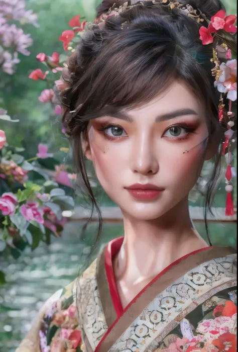 girl with red eyes and flowers in hair, japonism 8k super detailed, pop japonism 3d super detailed, beauty geisha, beautiful digital artwork, female geisha girl, 4K high-definition digital art, japanese geisha, japanese goddess, geisha, elegant japanese wo...