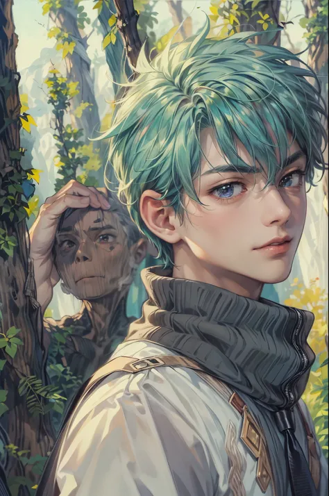 ((Best quality)), ((masterpiece)), (detailed), ((perfect face)), ((halfbody)) handsome face, male, teen boy,  perfect proportions , a character from anime fairy tail, male version , hiro mashima art, detailed ghibli forest background, detailed ghibli scene...